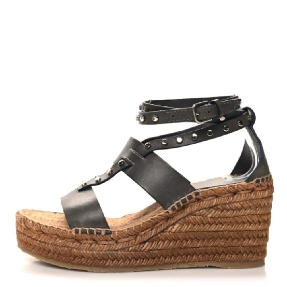 GUC Jimmy Choo Raffia Calfskin Stud Danica 80mm Wedge Sandals. Size 37 1/2